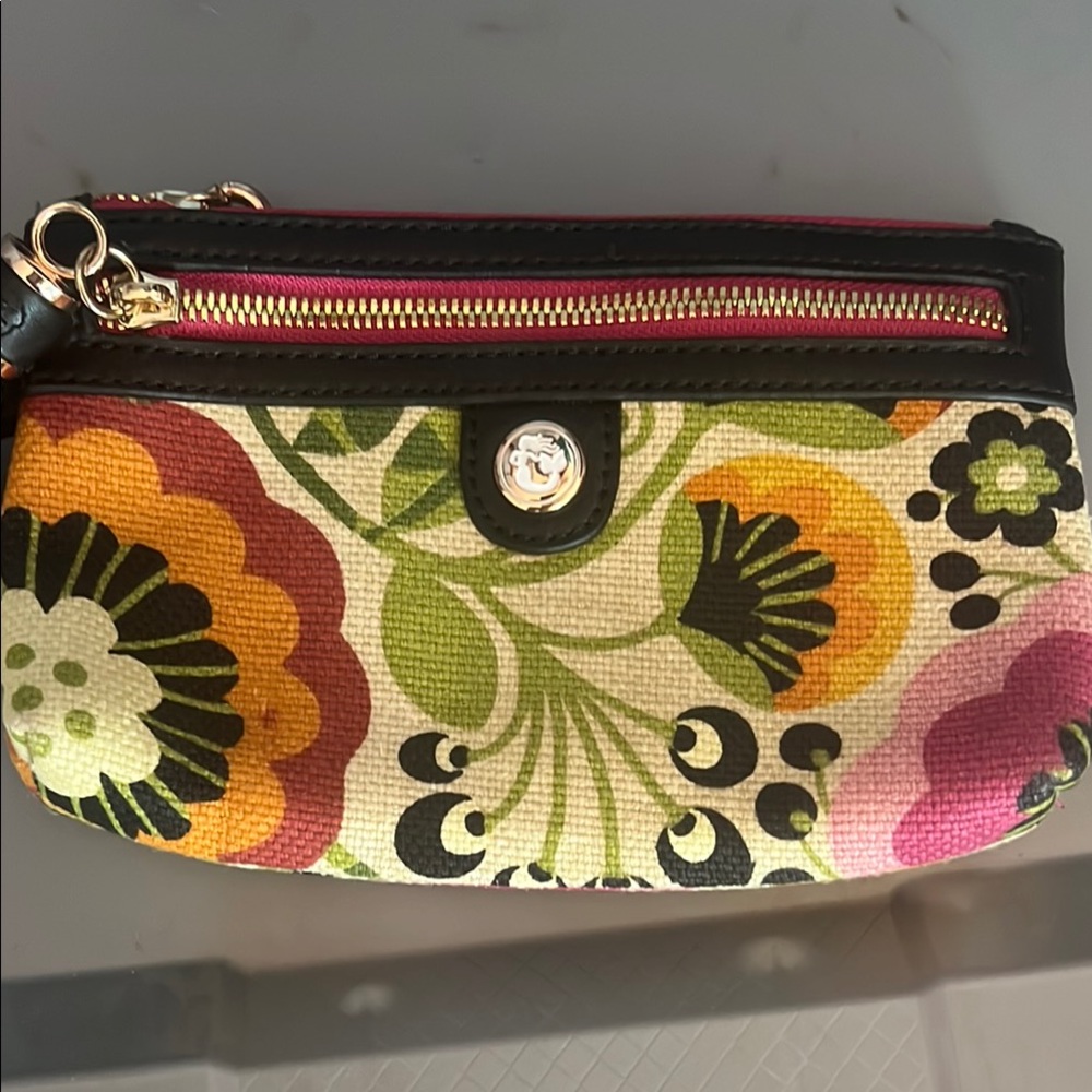 Spartina 449 Pink and Green Floral Wristlet with Gold Accents